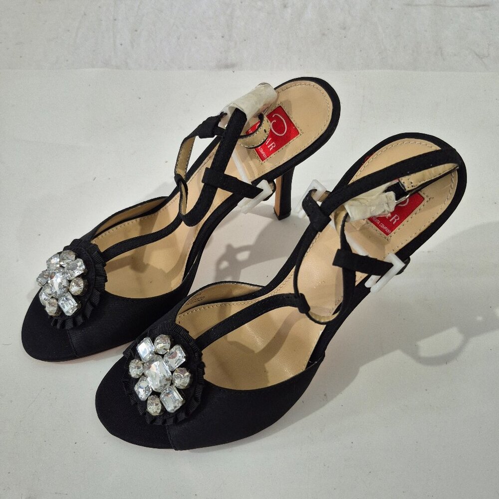 Oscar De la Renta Black Satin Chrystal Bow Strappy Sandals with 3.5" Heel S7.5M